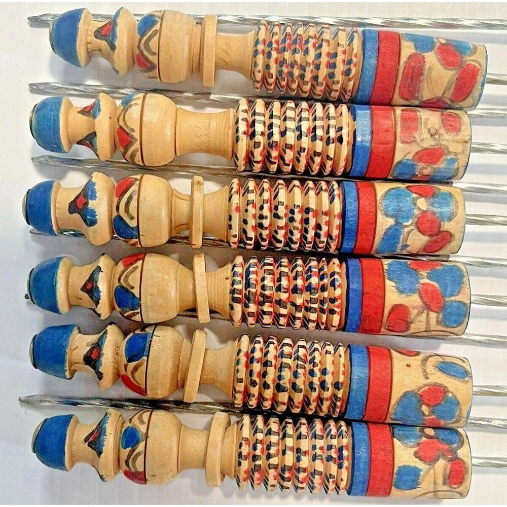 French Metal Wood Skewers Meat BBQ Sweet Stick Candy Kabab Grill Tool Vintage
